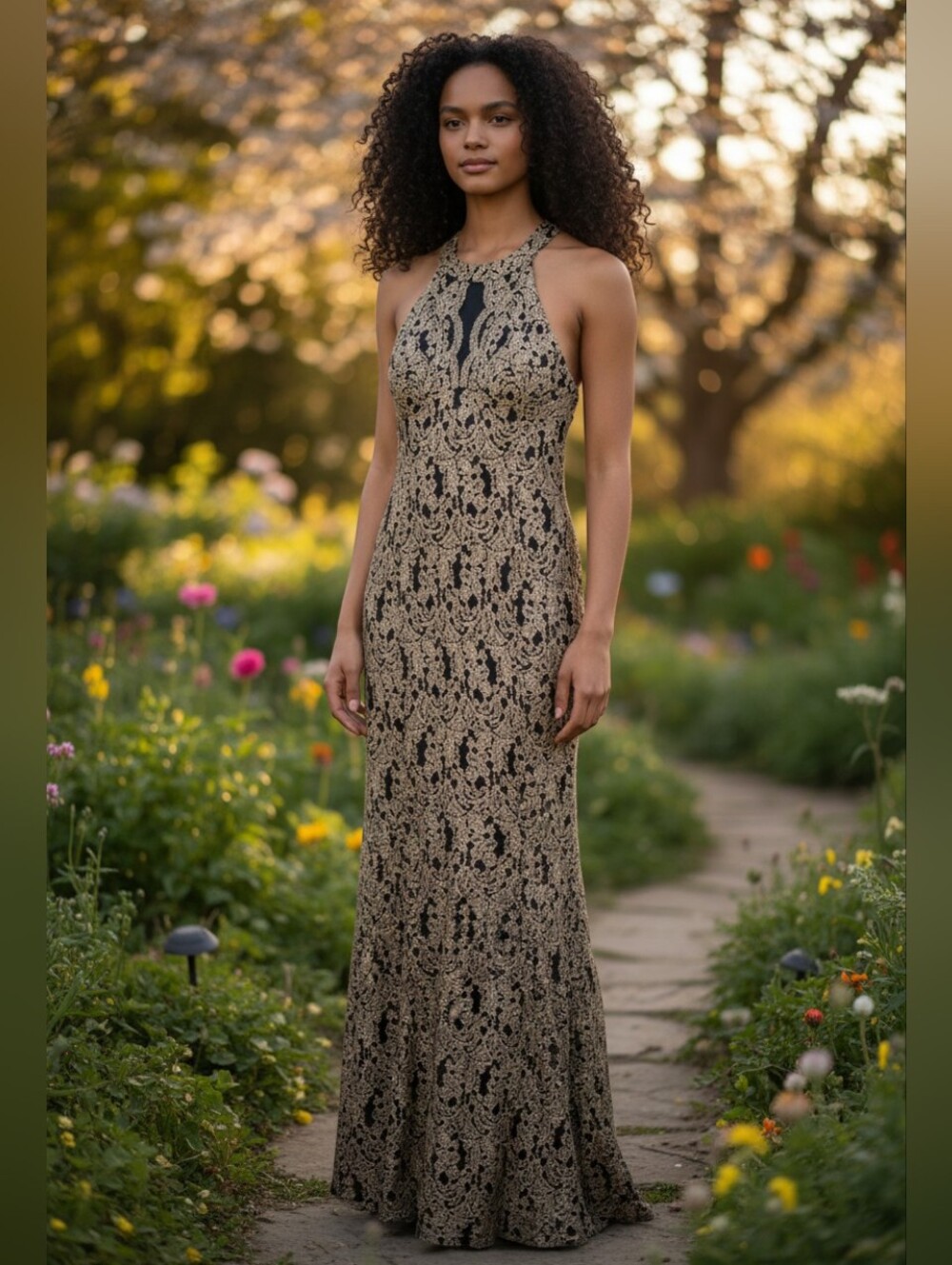 Nightway Cambri High Neck Gown 14 Black & Gold Glitter Sleeveless Formal Maxi